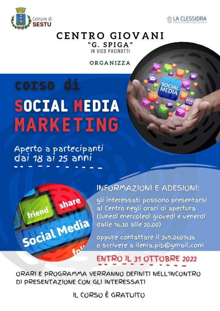 Corso gratuito di Social media marketing al Centro giovani “G. Spiga” per ragazzi dai 18 ai 25 anni. Iscrizioni entro il 31 ottobre