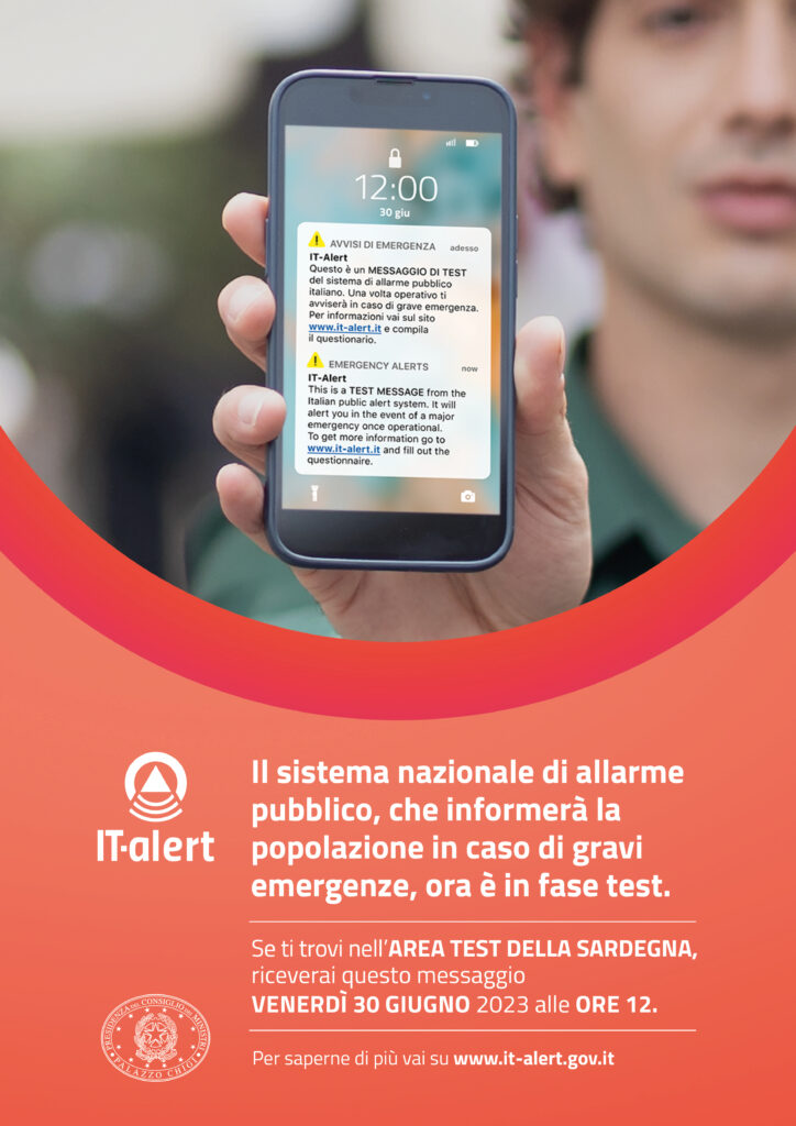 IT-alert: il sistema di allarme pubblico il 30 giugno ore 12:00 in sperimentazione in Sardegna