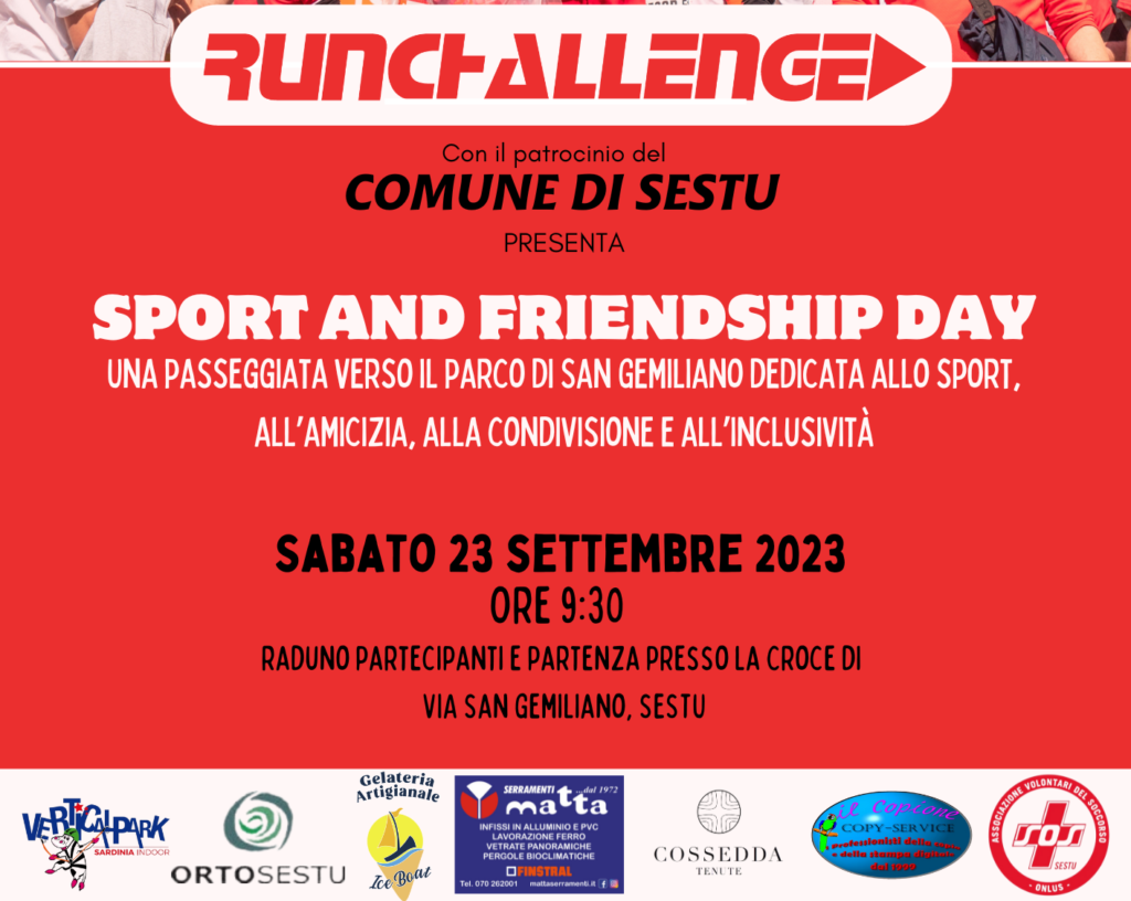 Sabato 23 settembre a Sestu lo “Sport and friendship day”. Appuntamento alle 9 e mezza alla croce di San Gemiliano
